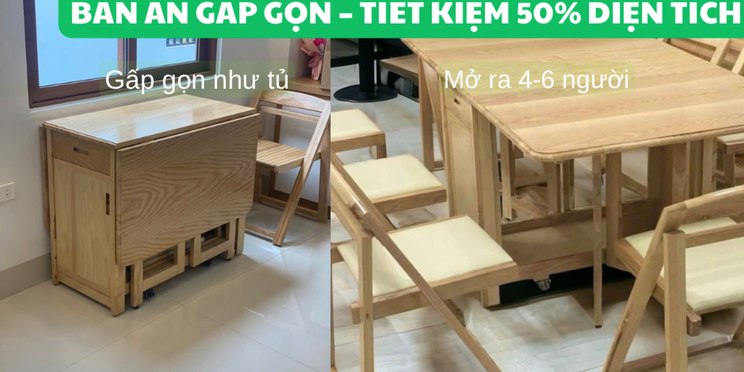 BÀN ĂN GẤP GỌN GỖ SỒI – GIẢI PHÁP NHÀ NHỎ